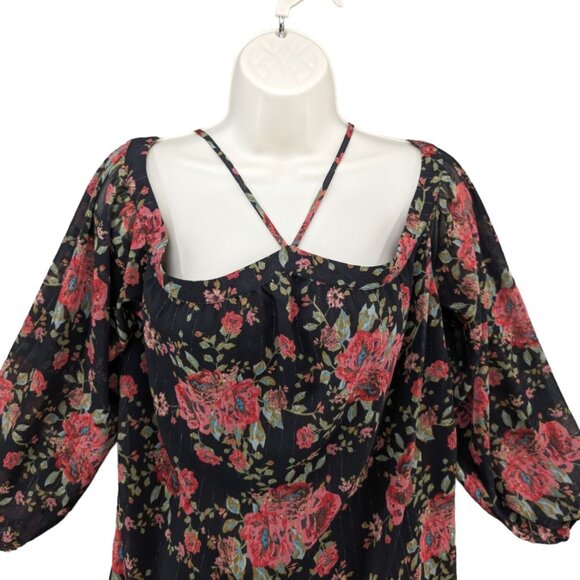 WAYF Liberty Off The Shoulder Blouse Womens Black Red Floral Metallic Size M - Picture 2 of 11